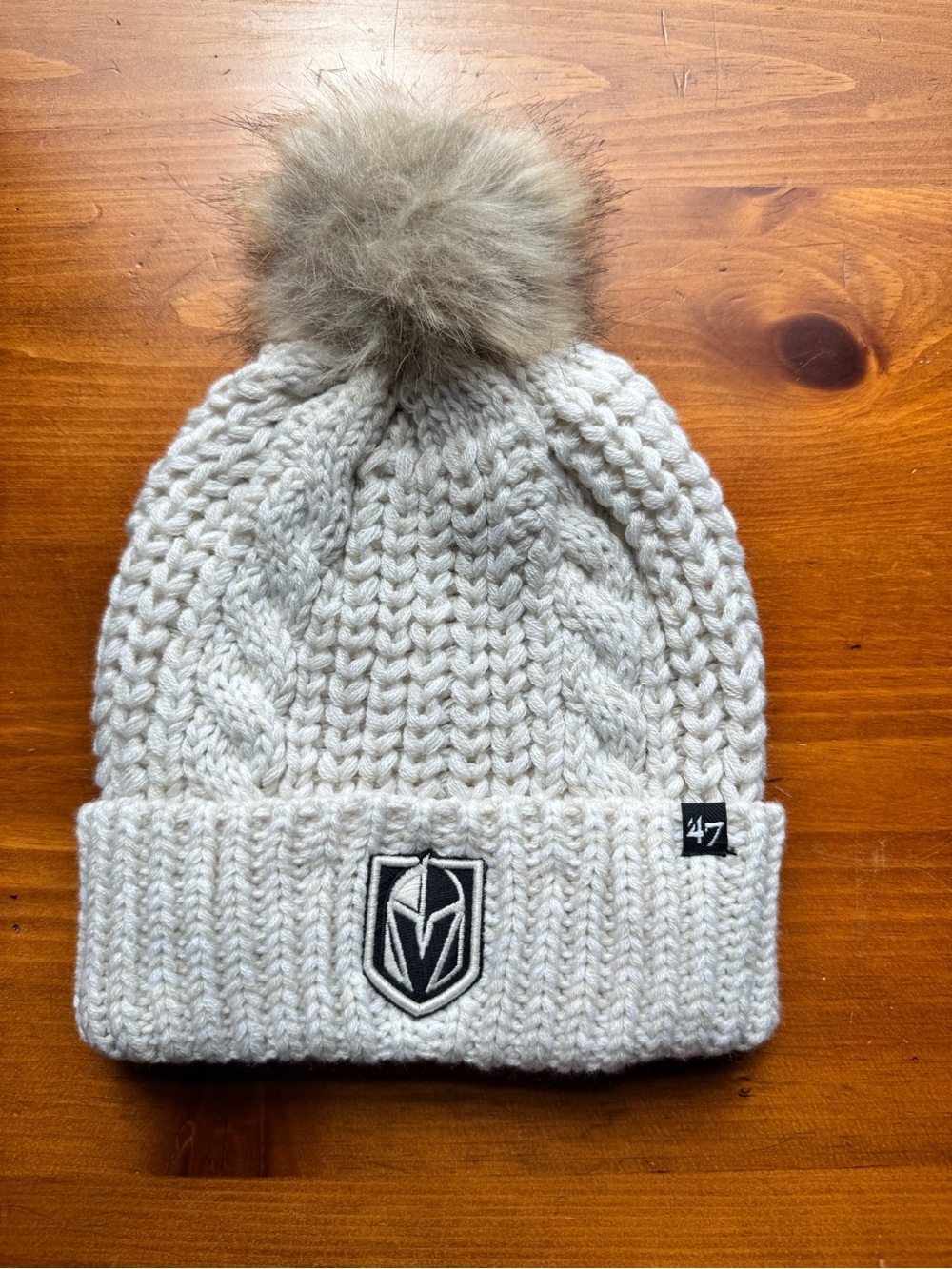 Women’s Vegas Golden Knights’ Cream Cable Knit Beanie with Faux Fur Pom
